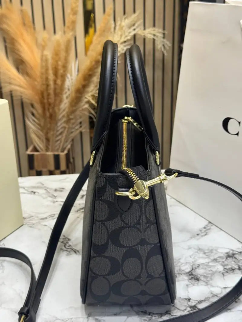 C-Inspired Signature Monogram Leather Satchel Top Handle Bag With Box And Dust Bag Including Carry Bag (Black Monogram)