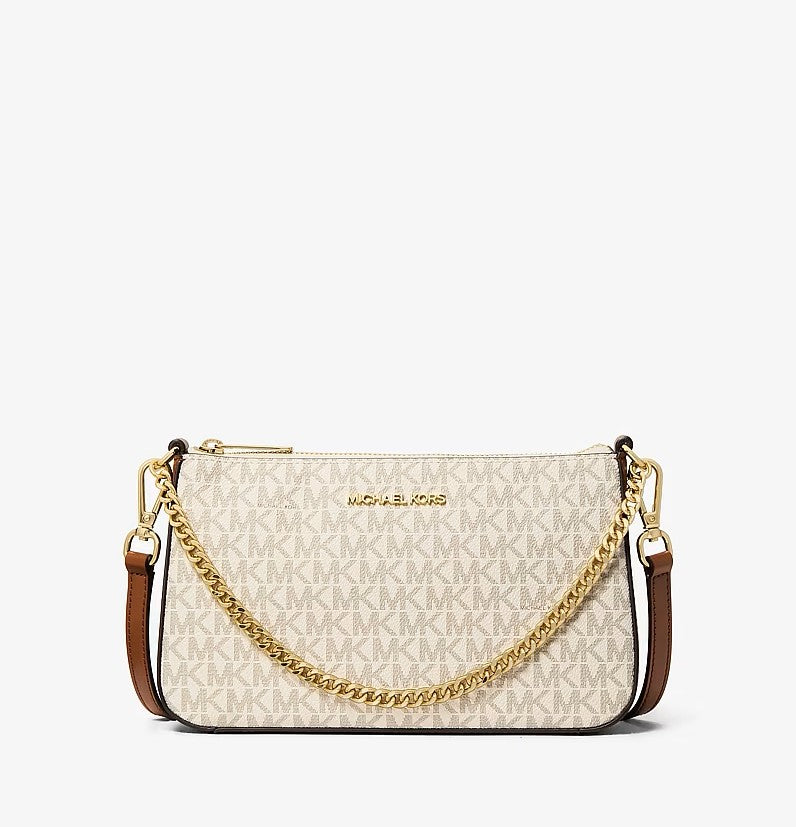 MK-Inspired Pvc Jet Set Signature Monogram Crossbody Bag With Chain Strap Shoulder Strap With Box Carry Bag & Dust Bag (Beige)