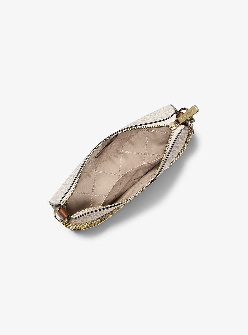 MK-Inspired Pvc Jet Set Signature Monogram Crossbody Bag With Chain Strap Shoulder Strap With Box Carry Bag & Dust Bag (Beige)