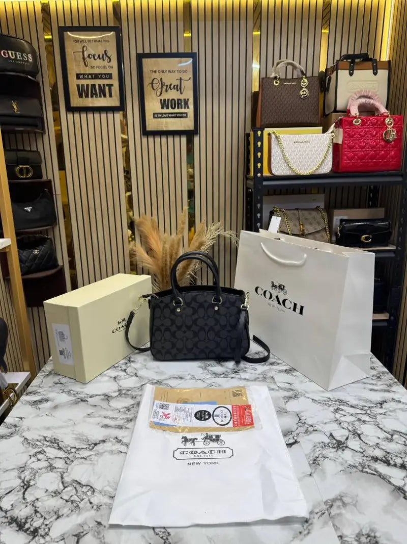C-Inspired Signature Monogram Leather Satchel Top Handle Bag With Box And Dust Bag Including Carry Bag (Black Monogram)