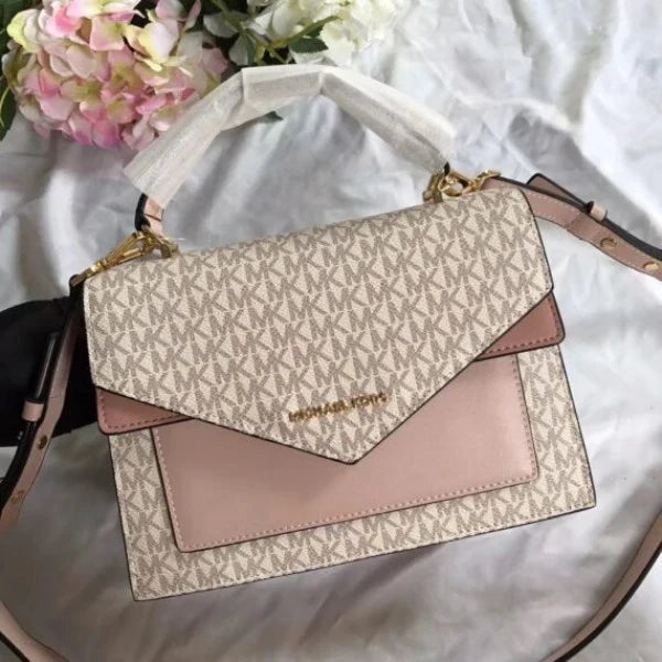 MK-Inspired Signature Monogram Flap Satchel Bag With Crossbody Strap Including Box And Dust Bag (Pink)