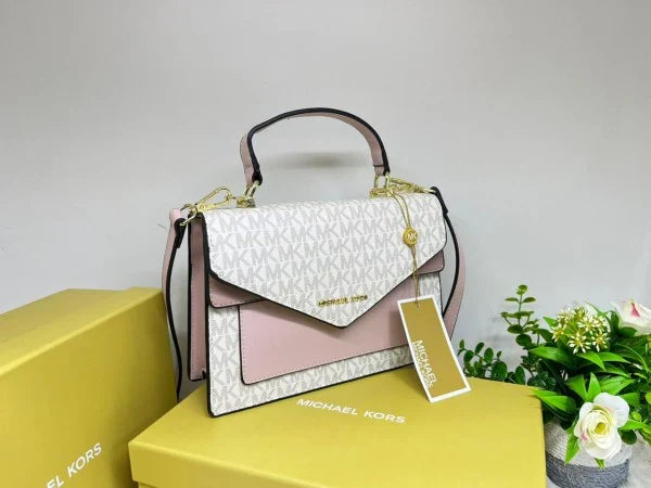 MK-Inspired Signature Monogram Flap Satchel Bag With Crossbody Strap Including Box And Dust Bag (Pink)