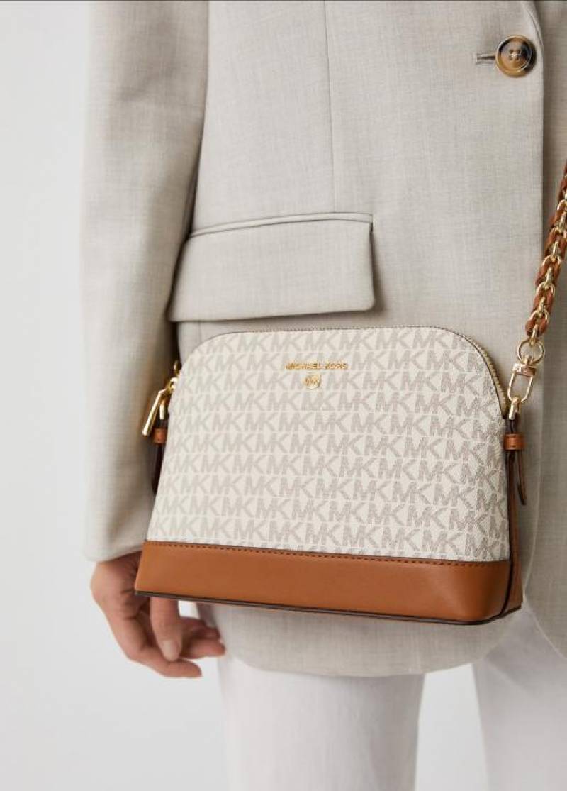 MK-Inspired Jet Set Charm Logo Dome Saffiano Leather Crossbody Bag (Beige)