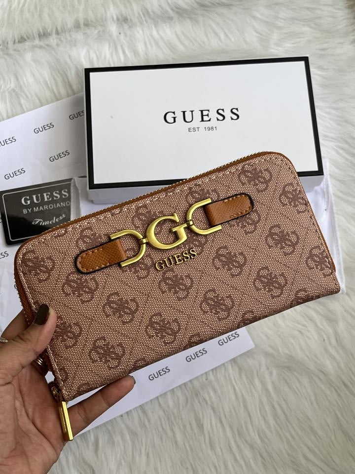 Guess 001 Light Apricot Long Zippy Wallet With Original Box Dust Cover Card & Brand Packaging