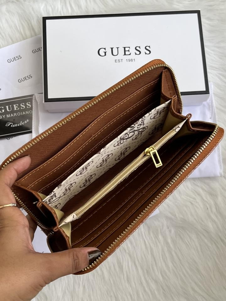 Guess 001 Light Apricot Long Zippy Wallet With Original Box Dust Cover Card & Brand Packaging