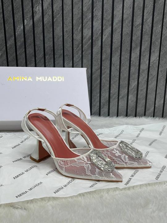 Amina Muaddi Camellia Crystal Embellished Lace SlingBack Heels For Women With Original Box