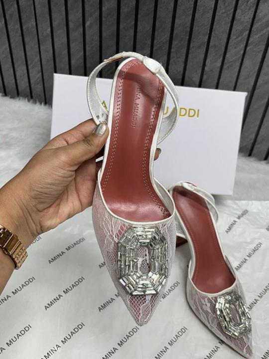 Amina Muaddi Camellia Crystal Embellished Lace SlingBack Heels For Women With Original Box