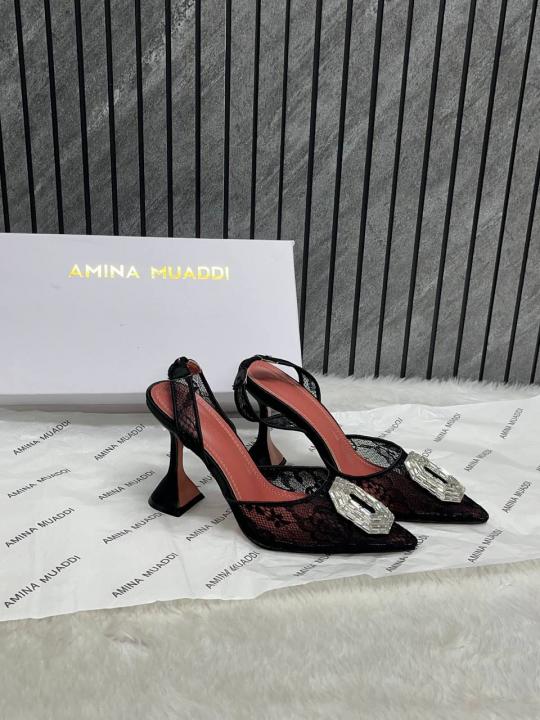 Amina Muaddi Camellia Crystal Embellished Lace SlingBack Heels For Women With Original Box