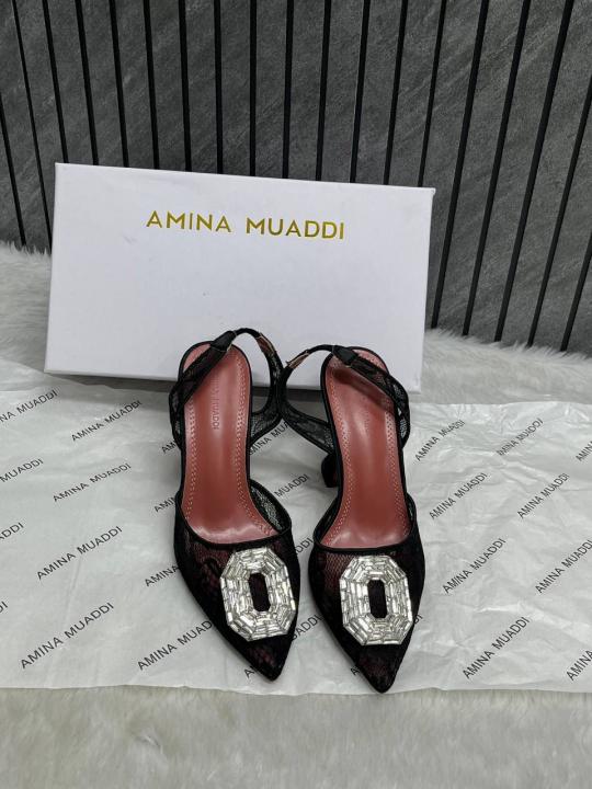 Amina Muaddi Camellia Crystal Embellished Lace SlingBack Heels For Women With Original Box