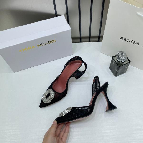 Amina Muaddi Camellia Crystal Embellished Lace SlingBack Heels For Women With Original Box