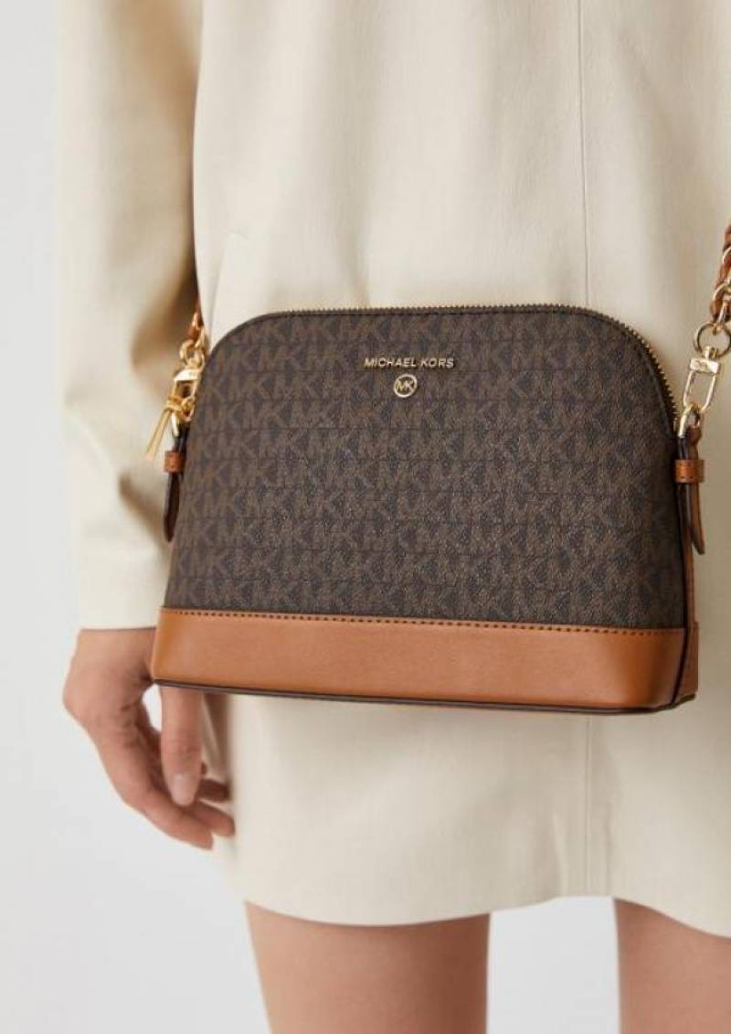 MK-Inspired Jet Set Charm Logo Dome Saffiano Leather Crossbody Bag (Brown)