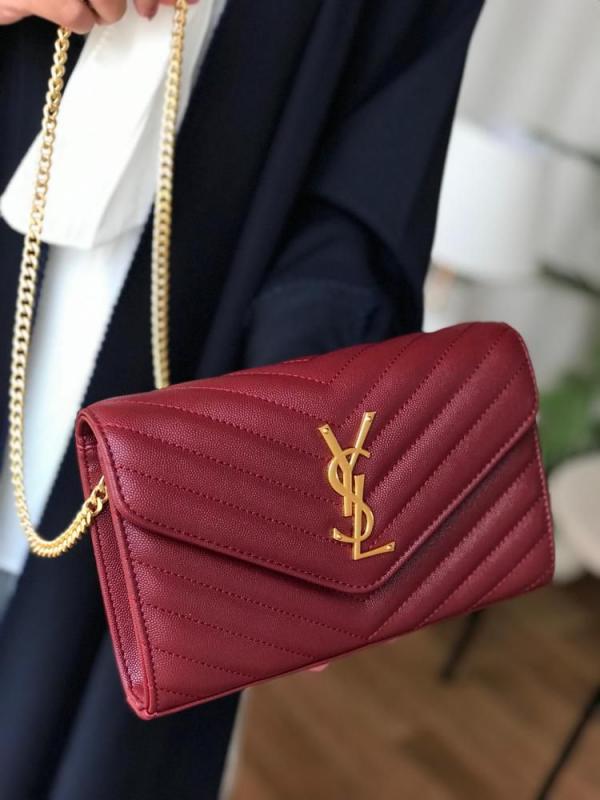 Ysl-Inspired Envelope Chain Sling Bag With Box (Wine-Red)