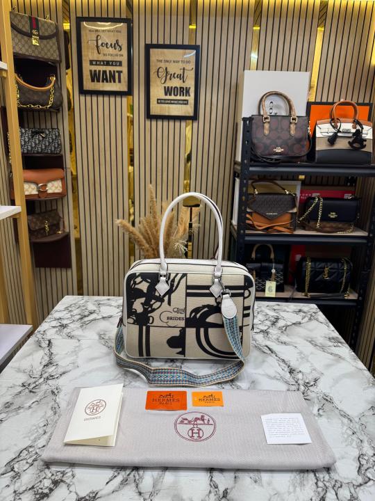 H-inspired Equestrian Print Canvas Top Handle Crossbody Bag (White)
