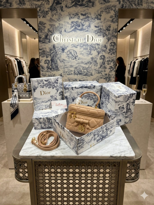 Diior_Mini Vanity case crafted from khaki lambskin with distinctive Cannage stitching and featuring a signature . charm Bag with box premium quality