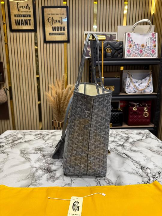 Goyard Inspired Saint Louiis PM Bag in Gray Chevron Canvas Tote Bag with Matching Pouch & Dust Bag