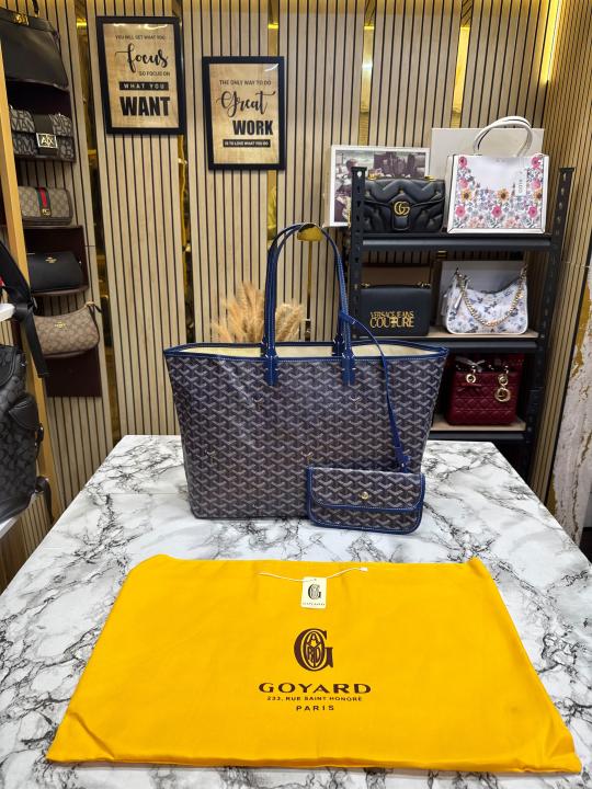 Goyard Inspired Saint Louiis PM Bag in Blue Chevron Canvas Tote Bag with Matching Pouch & Dust Bag