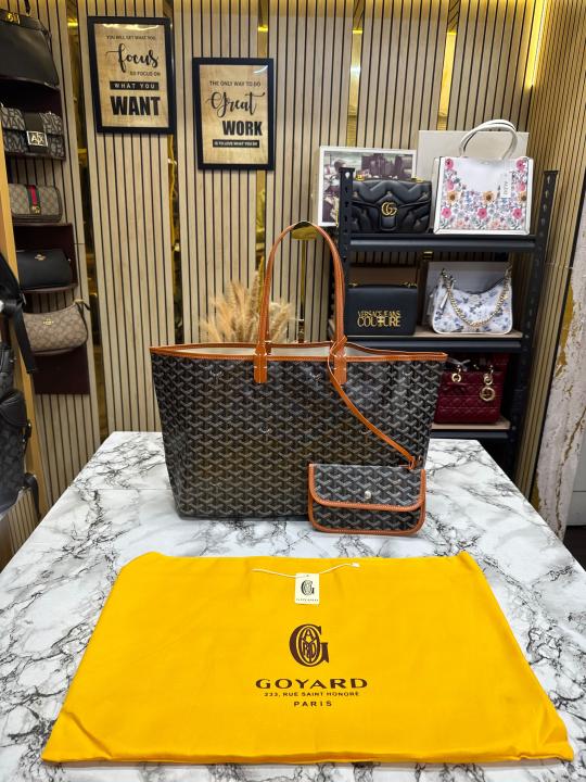 Goyard Inspired Saint Louiis PM Bag in Brown Chevron Canvas Tote Bag with Matching Pouch & Dust Bag