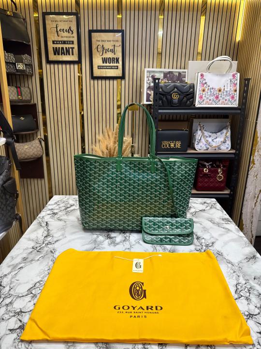 Goyard Inspired Saint Louiis PM Bag in Green Chevron Canvas Tote Bag with Matching Pouch & Dust Bag