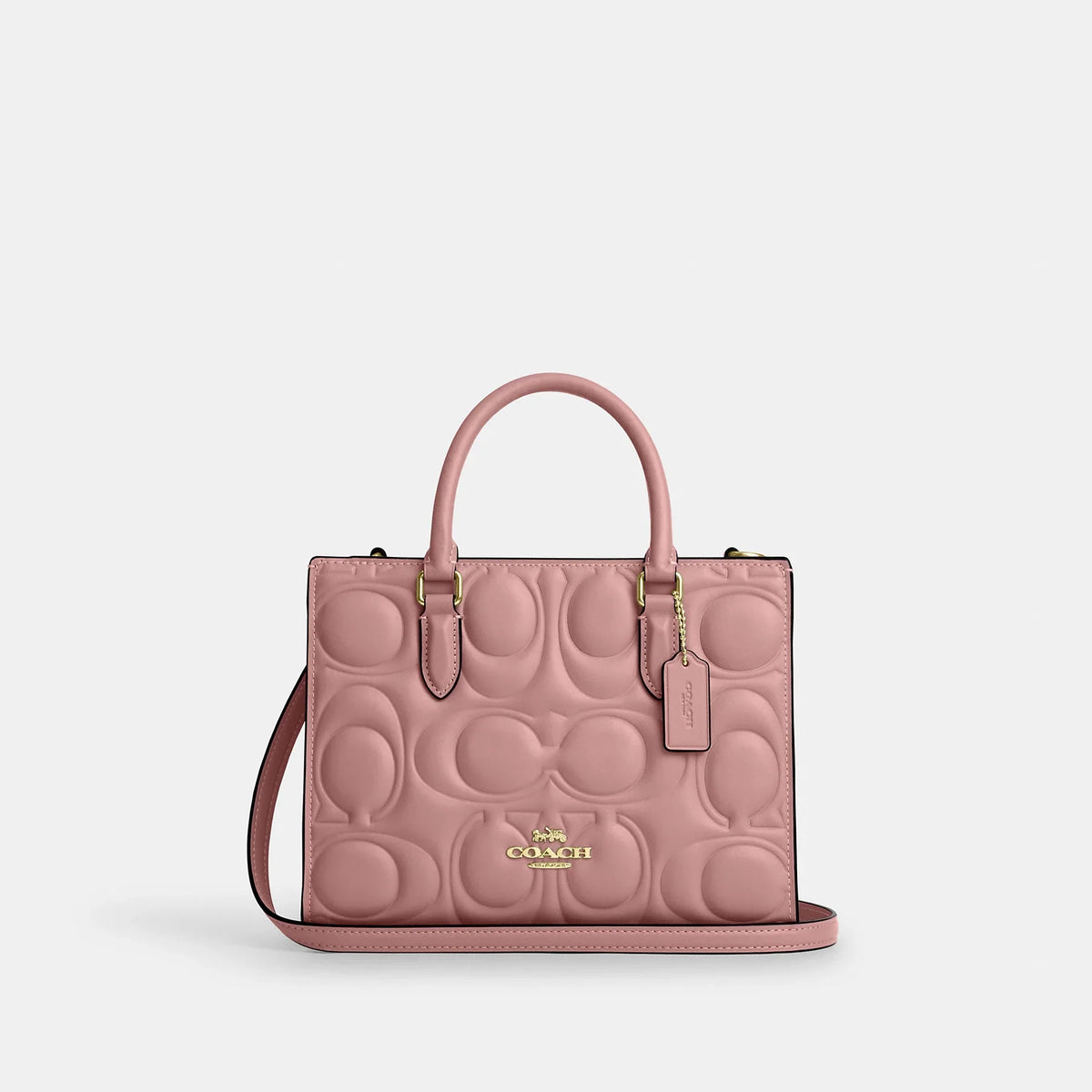 C-Inspired Maggie Embossed Leather Top Handle Crossbody Bag With Magnetic Box Including Carry Bag (Pink)