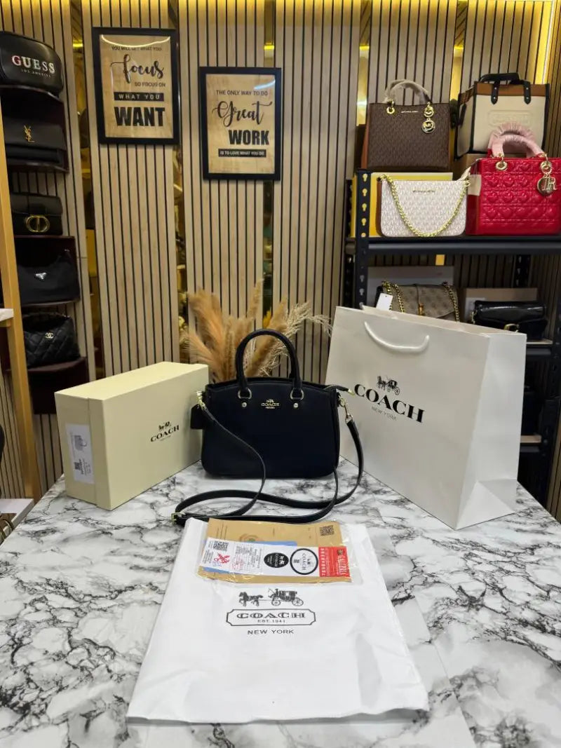 C-Inspired Signature Leather Satchel Top Handle Bag With Box And Dust Bag Including Carry Bag (Black)