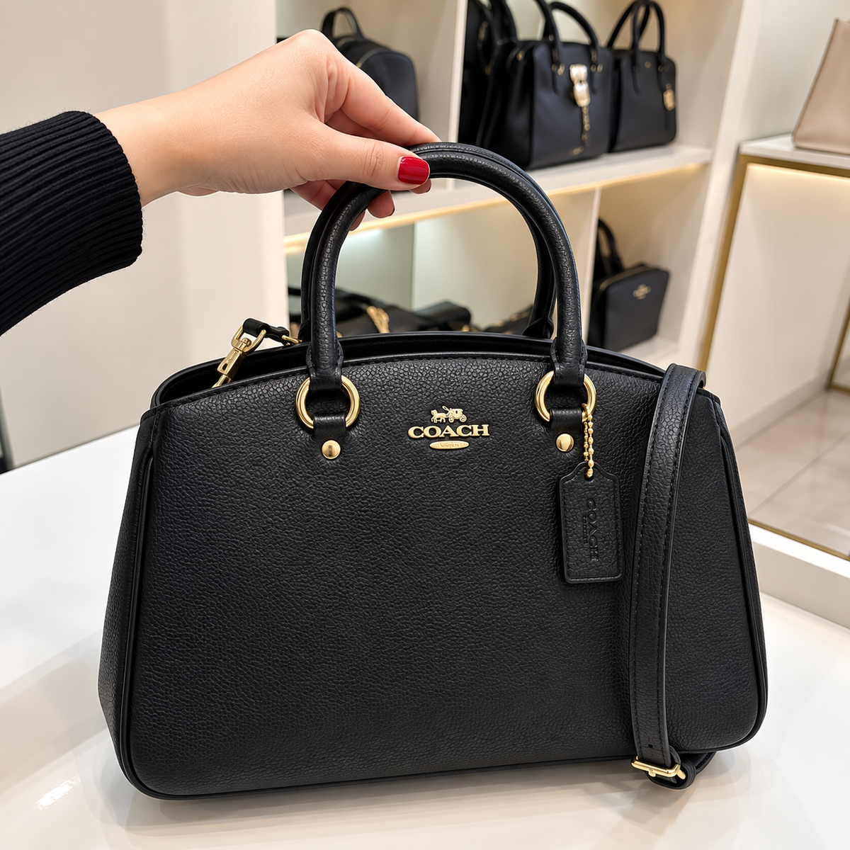 C-Inspired Signature Leather Satchel Top Handle Bag With Box And Dust Bag Including Carry Bag (Black)
