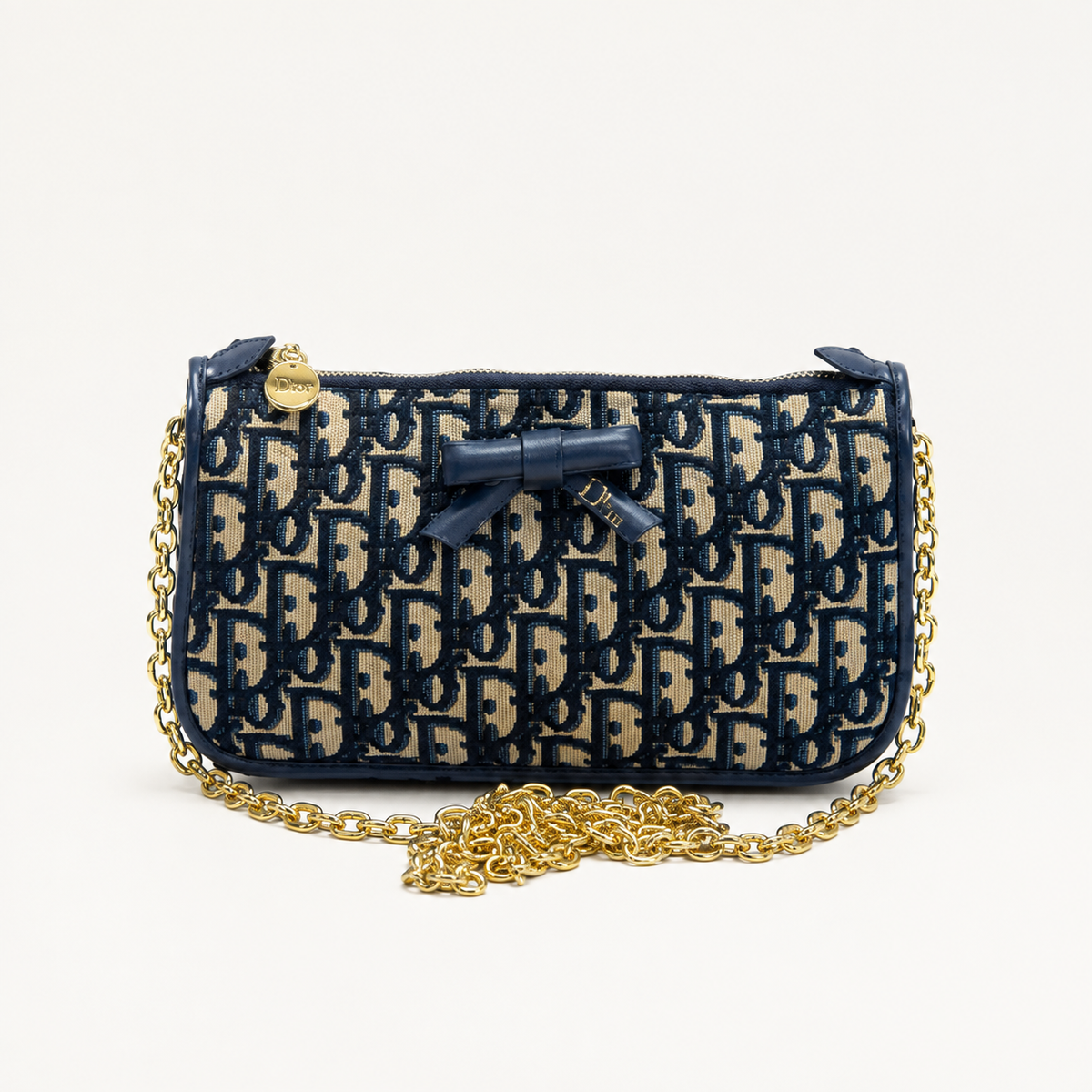 D-Inspired Oblique Jacquard Bow Chain Crossbody Bag (Blue)