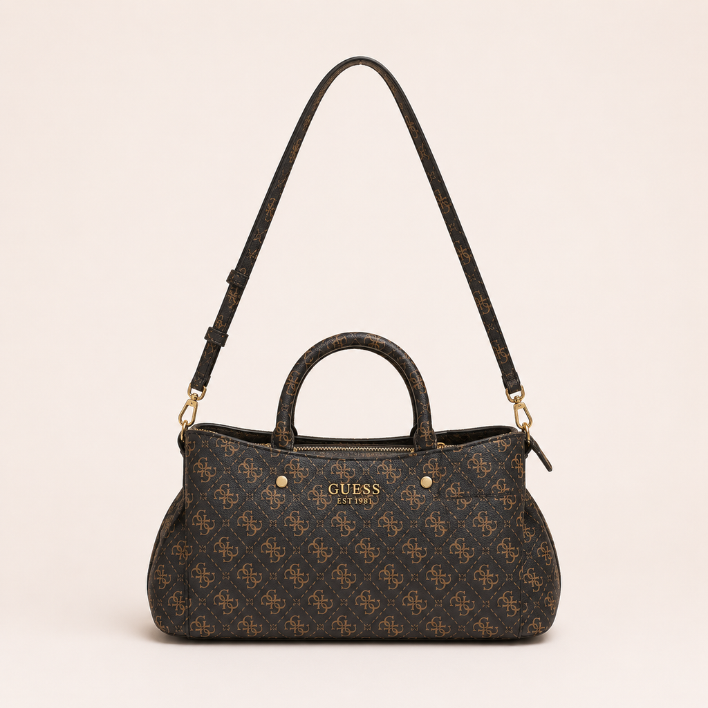 Guess-Inspired Monogram Mini Satchel Crossbody Bag (Coffee)