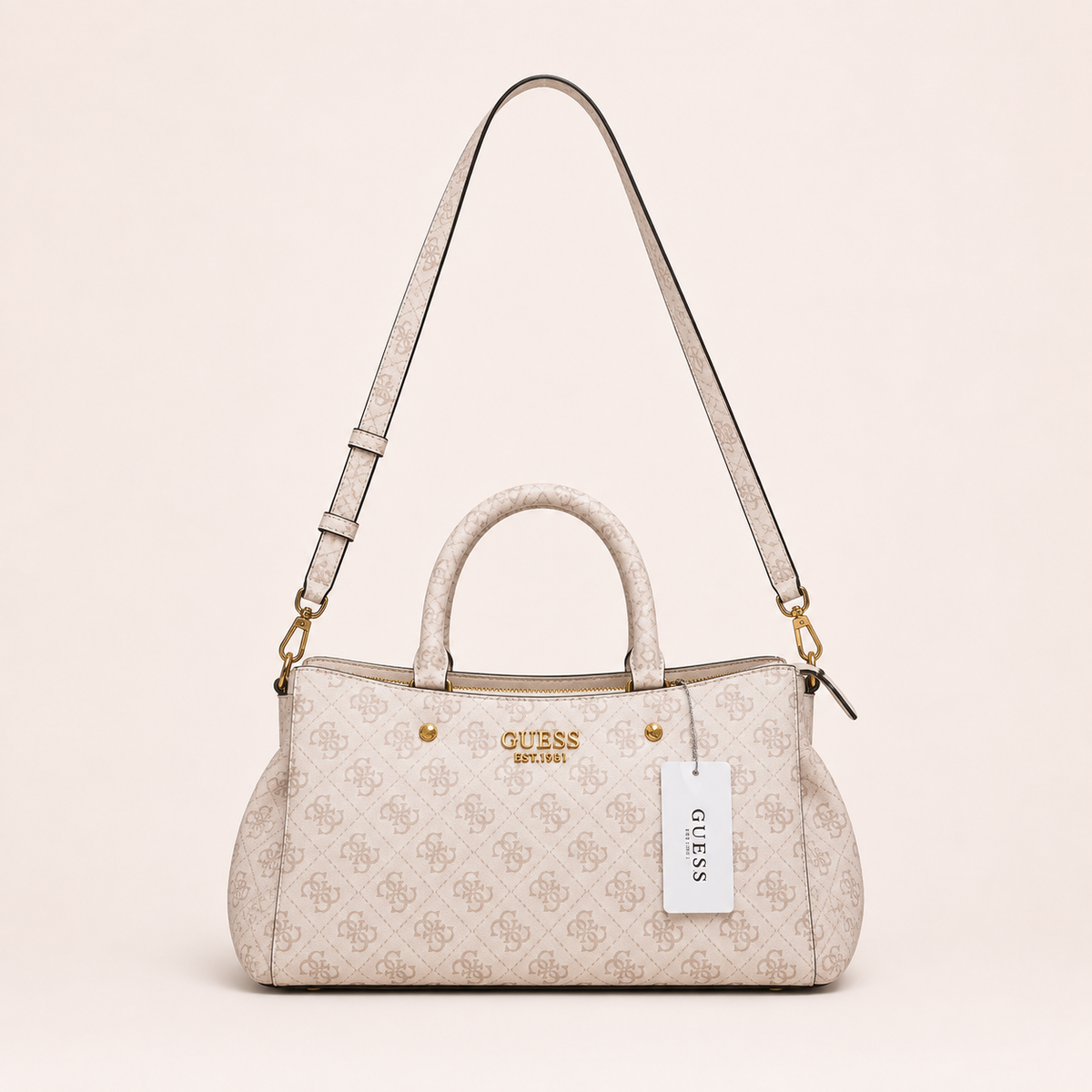 Guess-Inspired Monogram Mini Satchel Crossbody Bag (White)