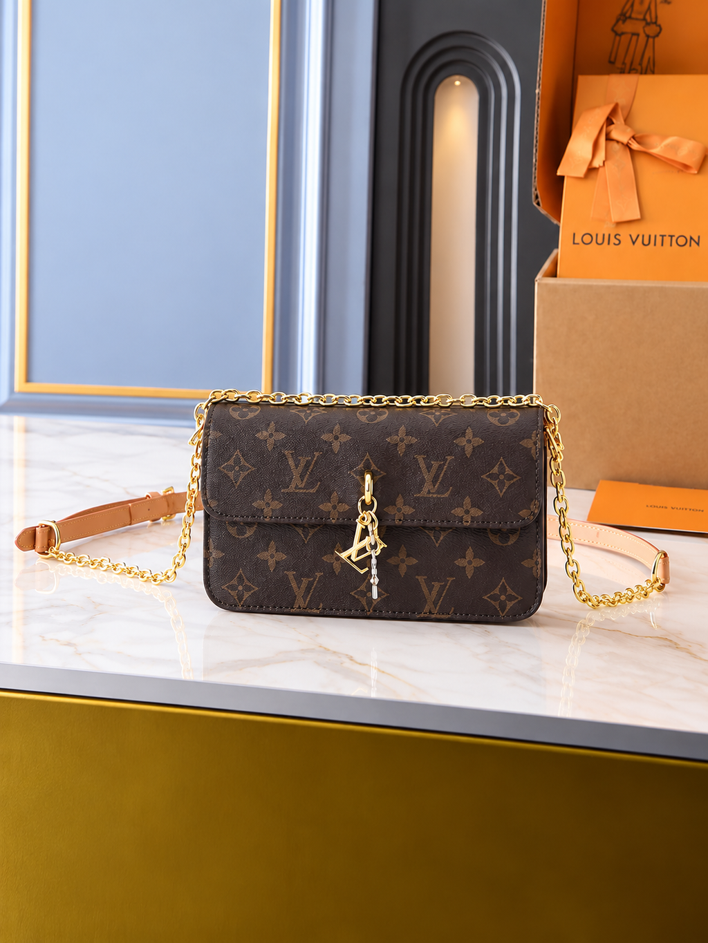 LV-Inspired Bloom Shoulder Bag With Double Box And Dust Bag Includes Carry Bag (Brown)
