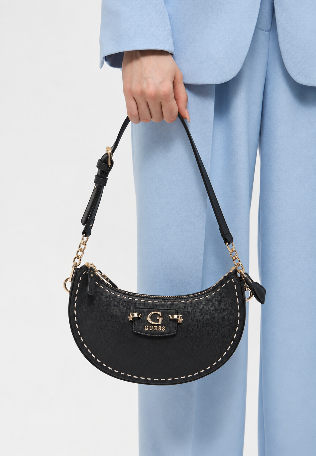 Guess-Inspired Nastra Top Zip Shoulder Bag With Box And Dust Bag (Black)