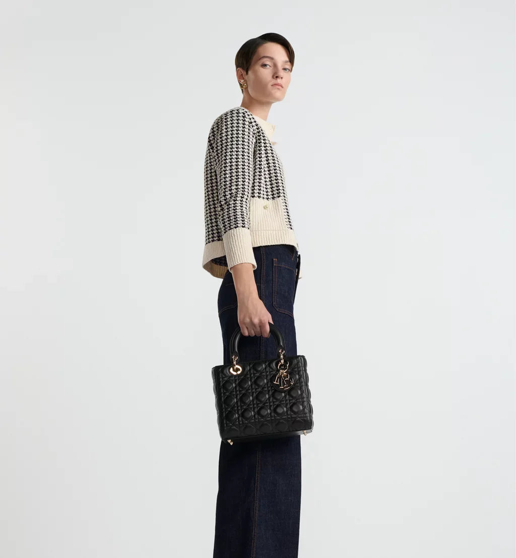 D-Inspired Medium Cannage Lady Handbag With Box And Dust Bag (Black)