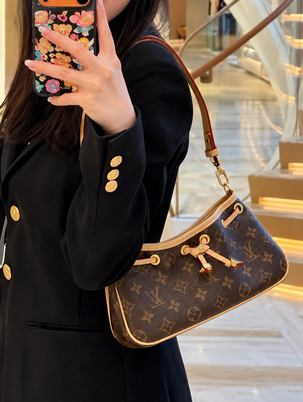 LV-Inspired Monogram Croissant PM Shoulder Bag With Double Box And Carry Bag (Dark Brown)