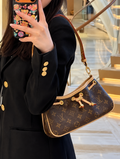 LV-Inspired Monogram Croissant PM Shoulder Bag With Double Box And Carry Bag (Dark Brown)
