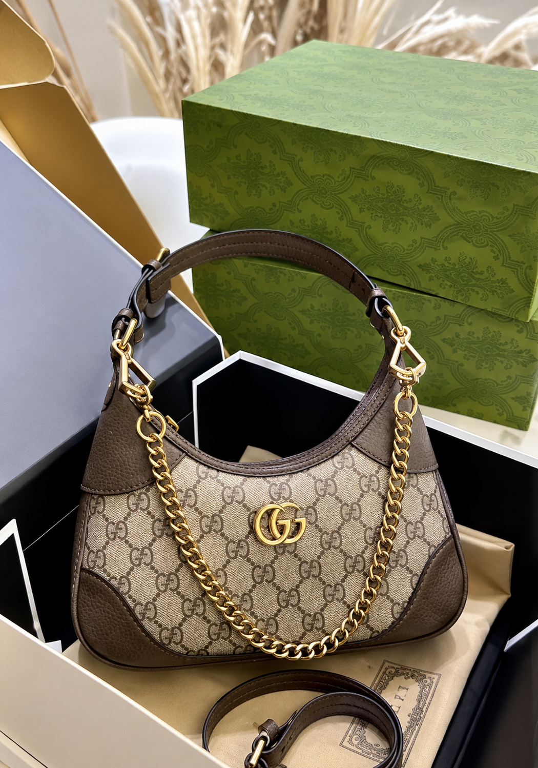 G-Inspired GG Monogram Chain Shoulder Bag With Double Box And Dust Bag Including Carry Bag