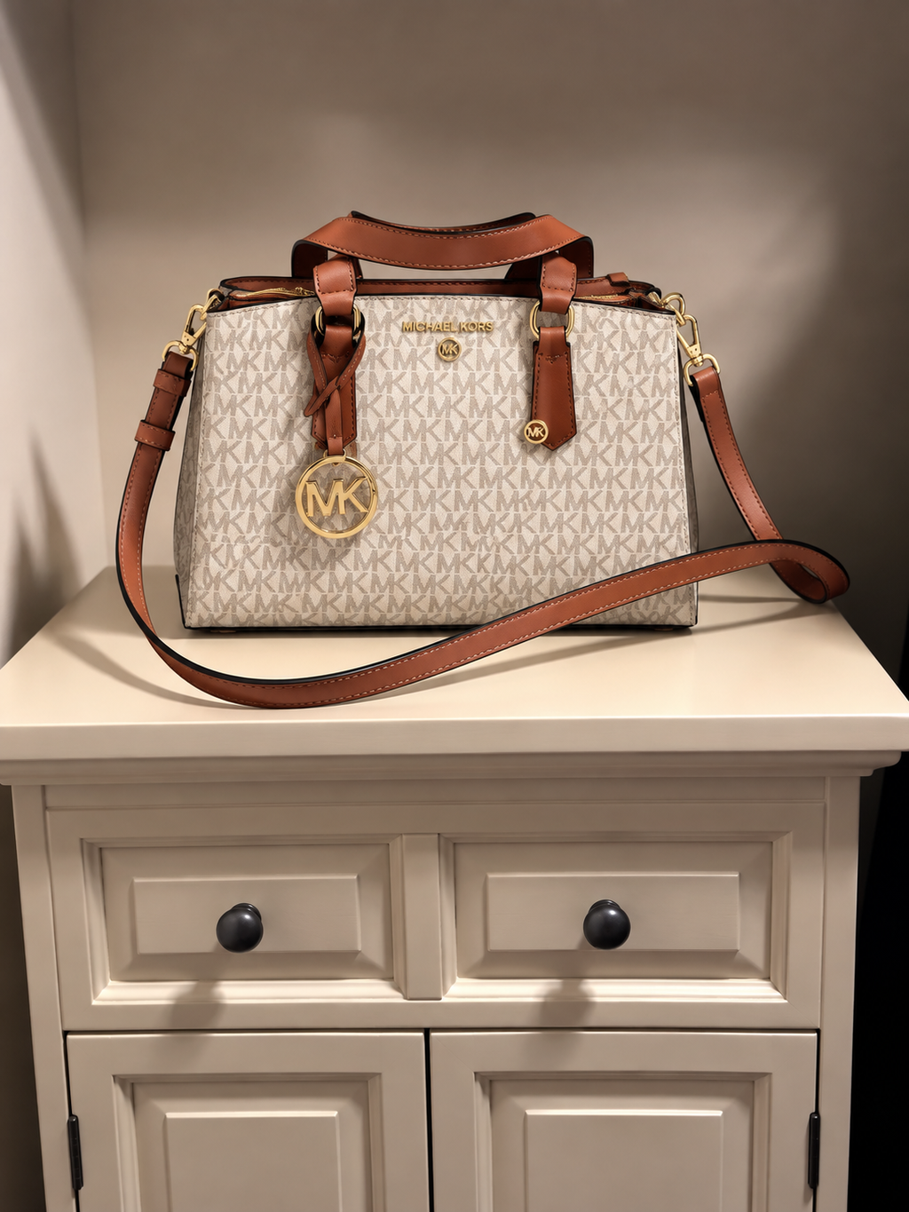 MK-Inspired Emma Signature MK Satchel Tote With Shoulder Strap With Box And Dust Bag (Beige)
