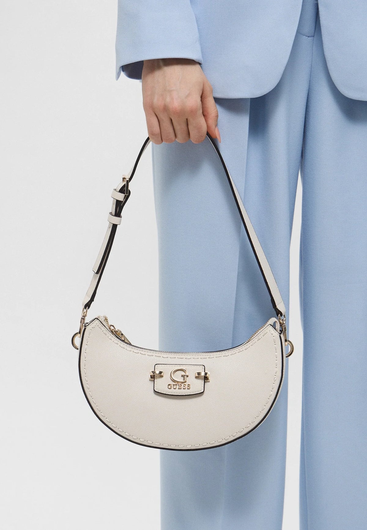 Guess-Inspired Nastra Top Zip Shoulder Bag With Box And Dust Bag (White)