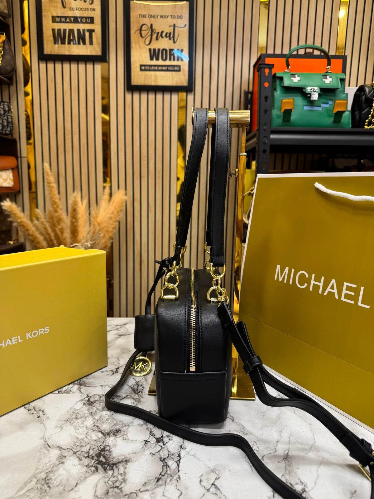 MK-Inspired Charm Shoulder Bag With Box And Dust Bag (Black)