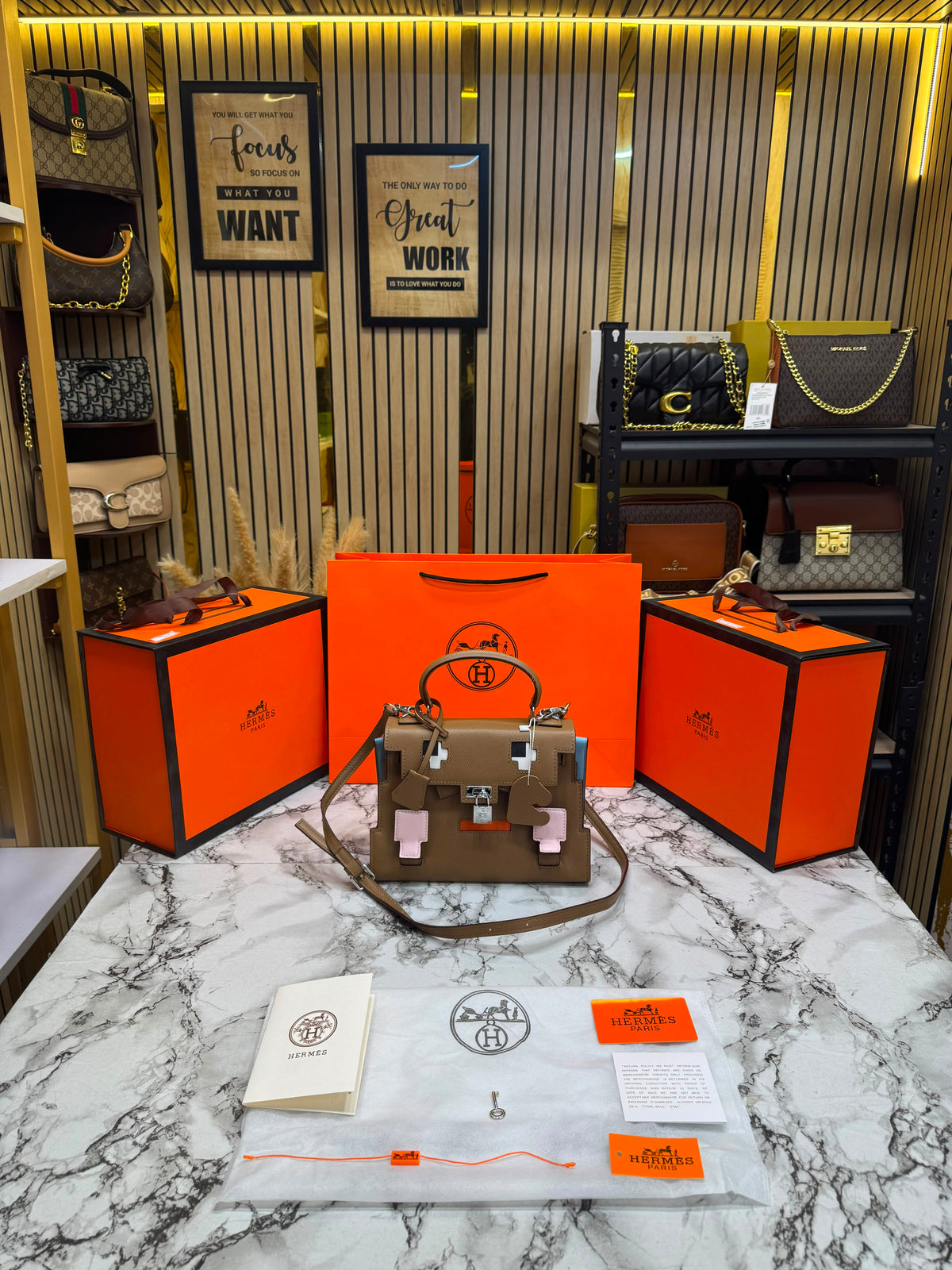 H-Inspired Kelly Doll Mini Top Handle Crossbody Bag With Box And Dust Bag Including Carry Bag (Khaki)