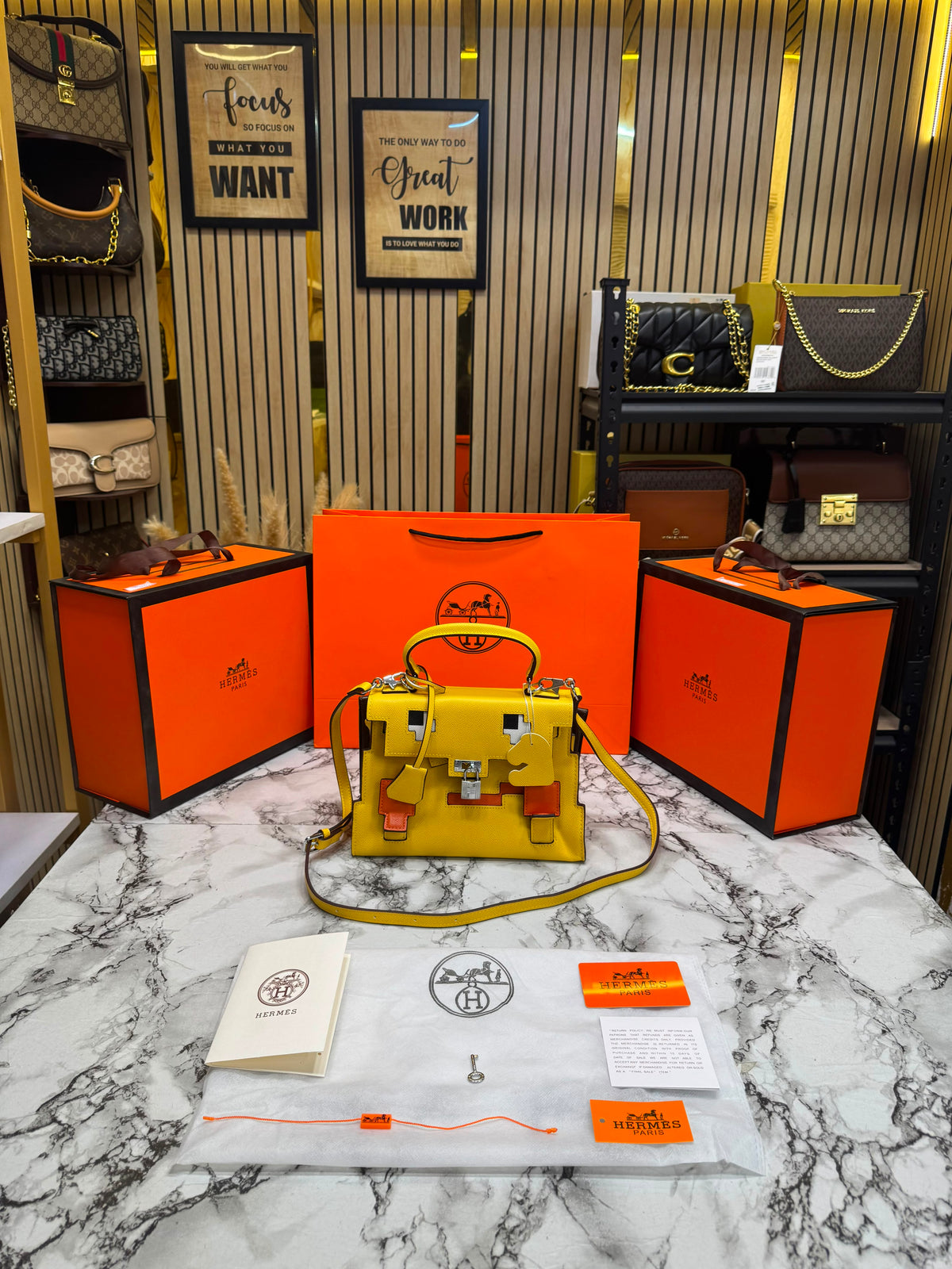 H-Inspired Kelly Doll Mini Top Handle Crossbody Bag With Box And Dust Bag Including Carry Bag (Yellow)