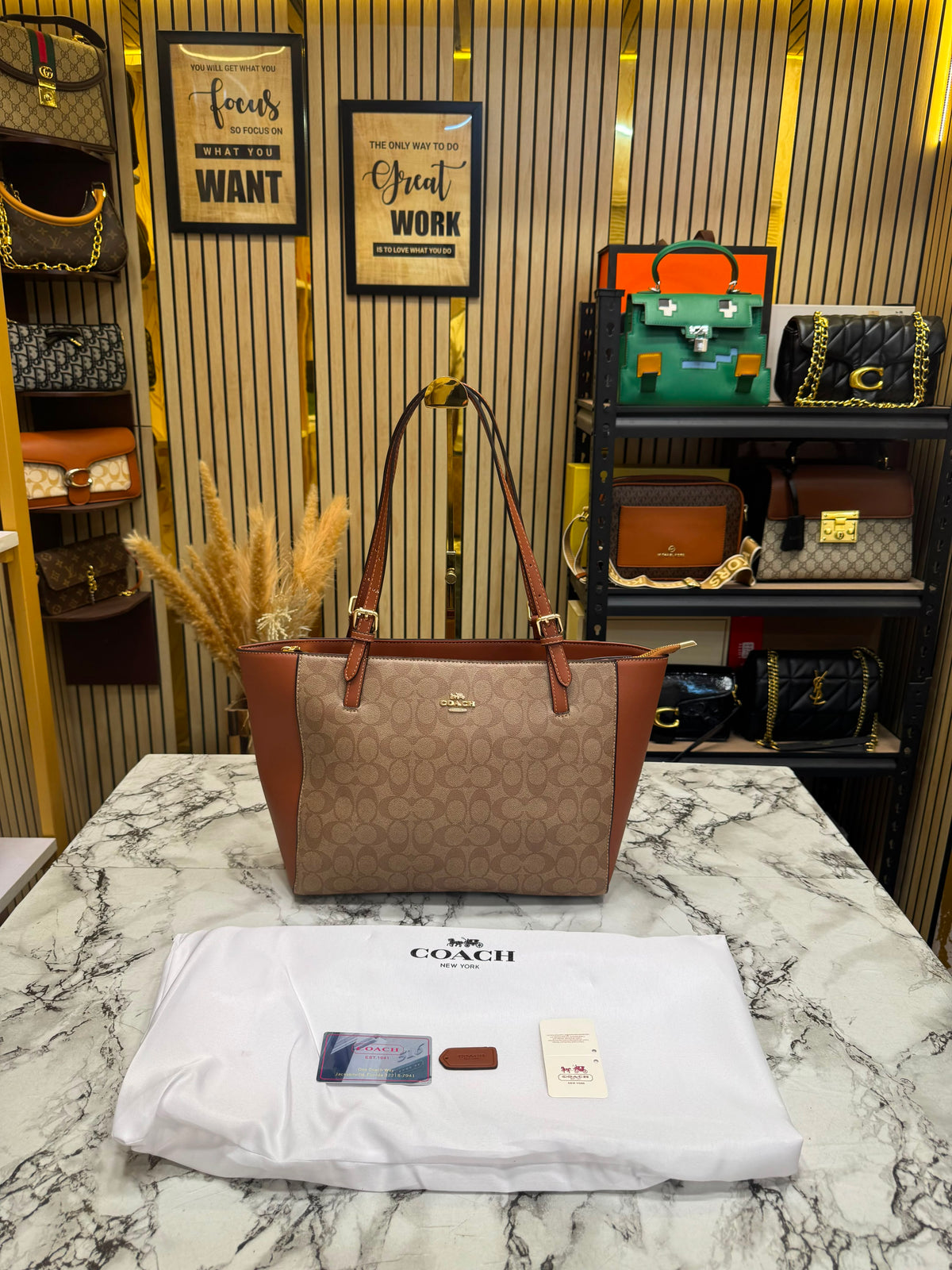 C-Inspired City Signature Canvas Tote Bag With Dust Bag (Apricot-Brown)