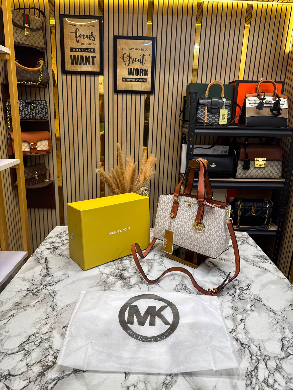 MK-Inspired Emma Signature MK Satchel Tote With Shoulder Strap With Box And Dust Bag (Beige)