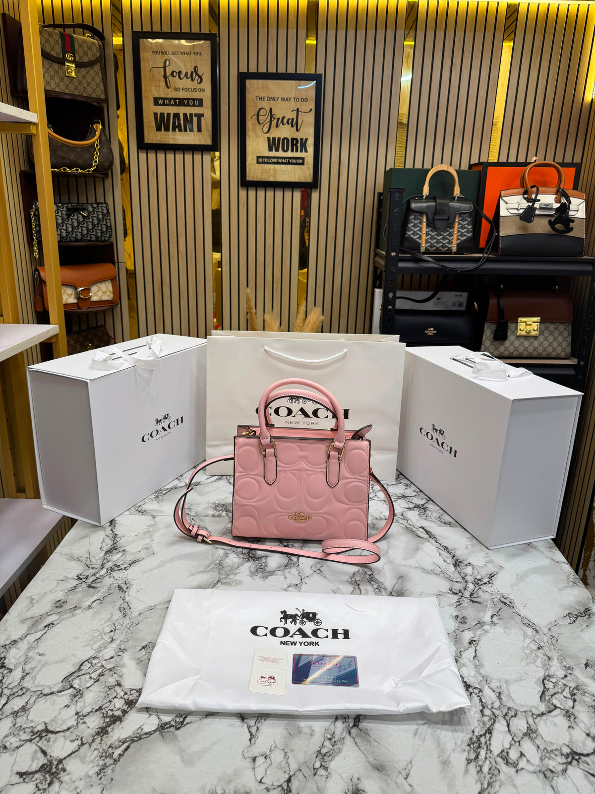 C-Inspired Maggie Embossed Leather Top Handle Crossbody Bag With Magnetic Box Including Carry Bag (Pink)