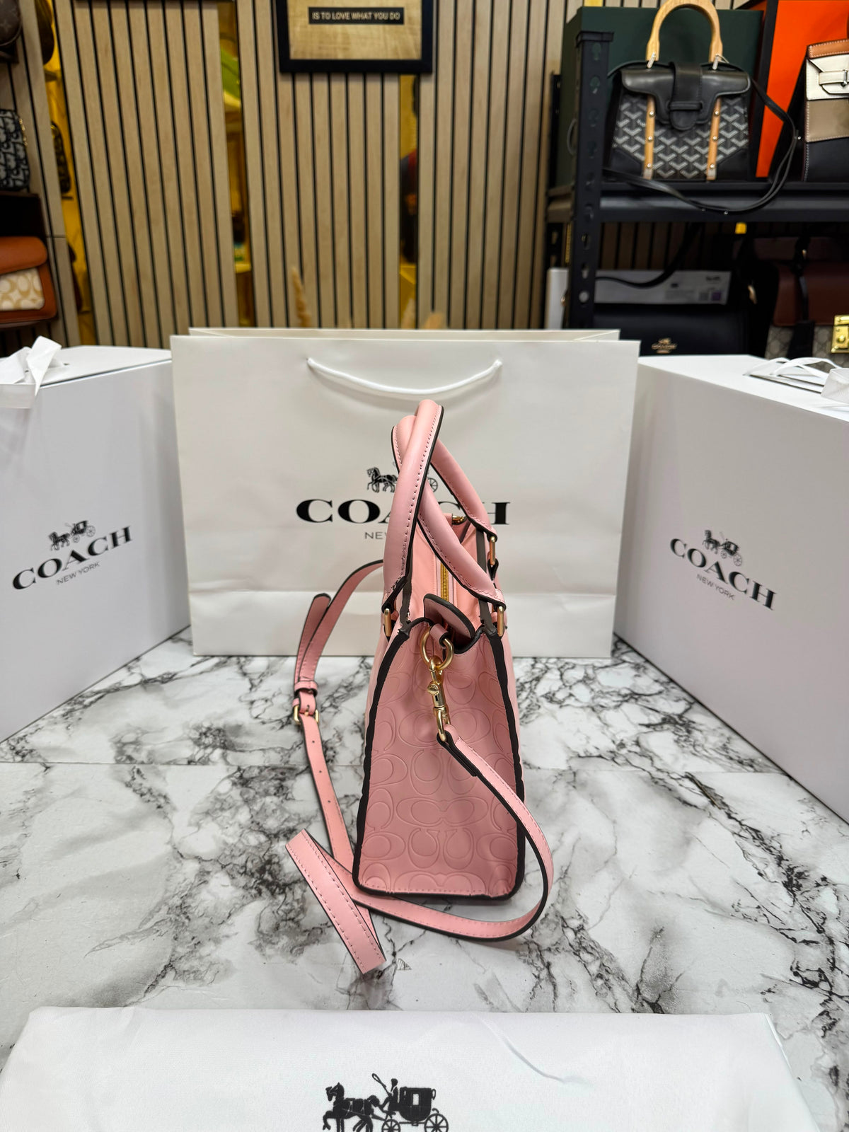 C-Inspired Maggie Embossed Leather Top Handle Crossbody Bag With Magnetic Box Including Carry Bag (Pink)