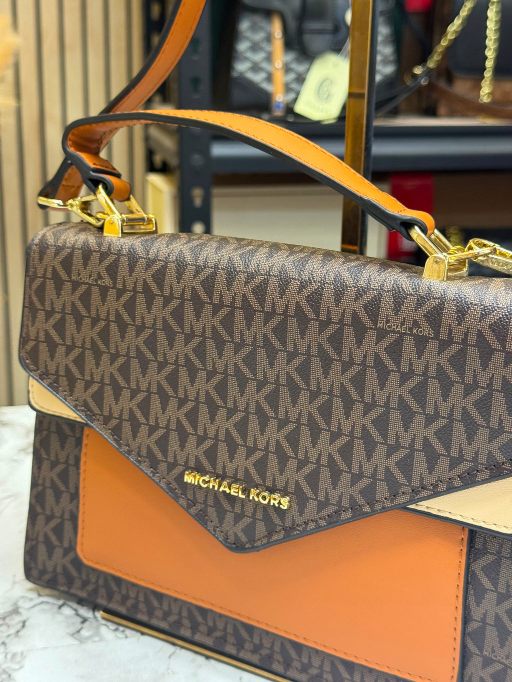 MK-Inspired Signature Monogram Flap Satchel Bag With Crossbody Strap Including Box And Dust Bag (Brown)