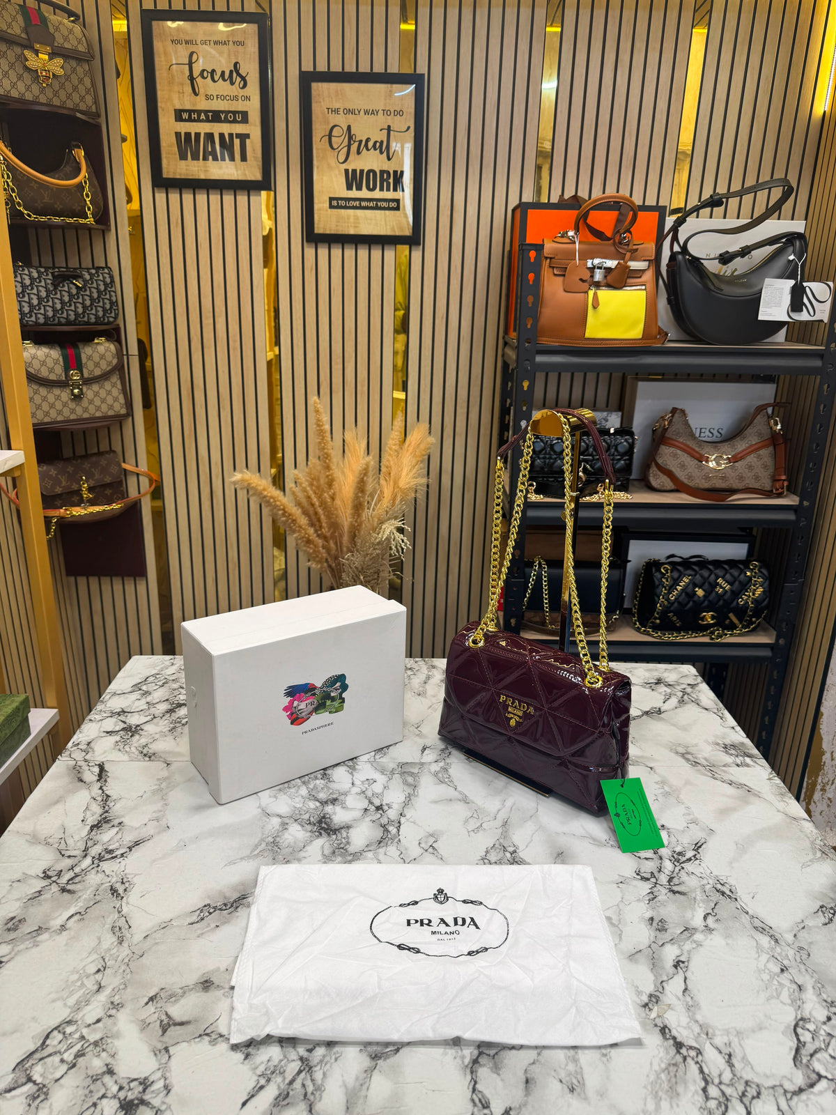 Prada-Inspired Quilted Spectrum Shoulder Bag With Box And Dust Bag (Maroon)