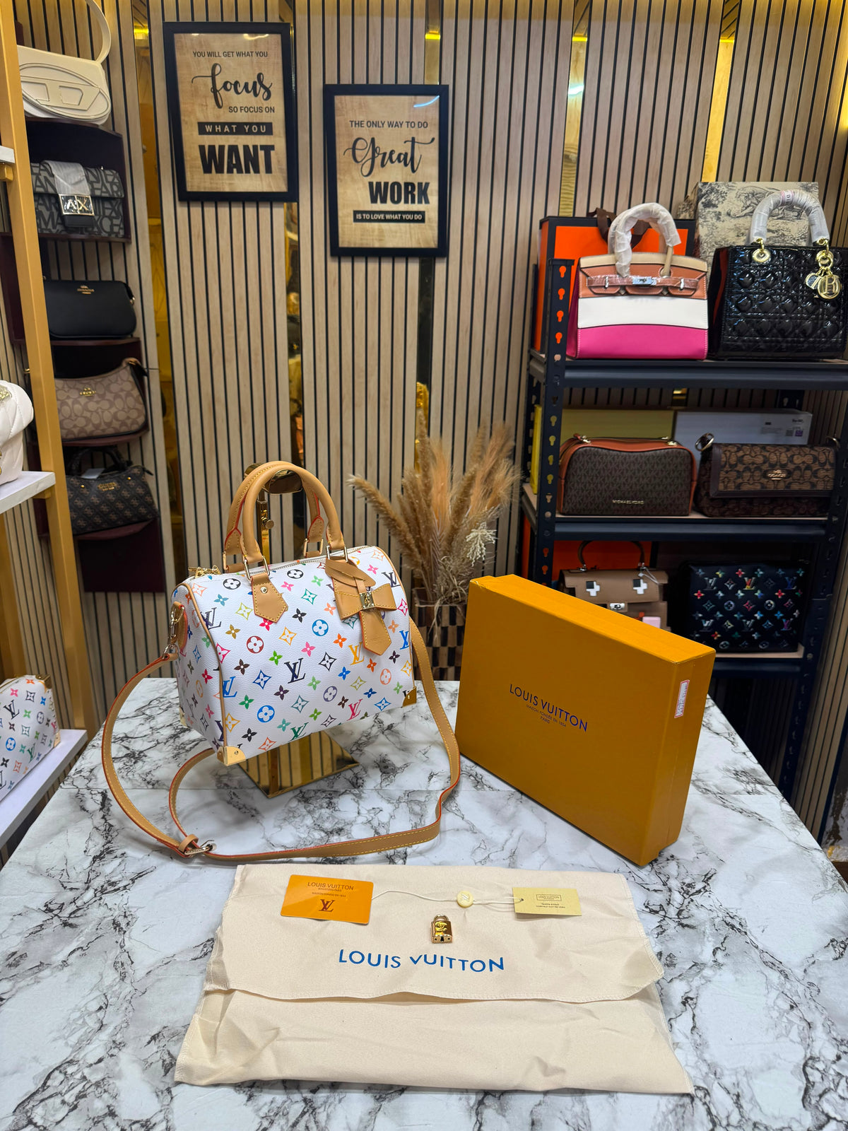 LV-Inspired Speedy Monogram Multicolour Shoulder Bag With Box And Dust Bag (White-Flower) (13085)