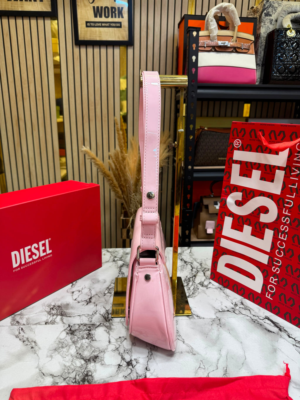 Diesel Inspired Play Play Glossy Shoulder Bag With Box And Dust Bag Including Carry Bag (Pink)