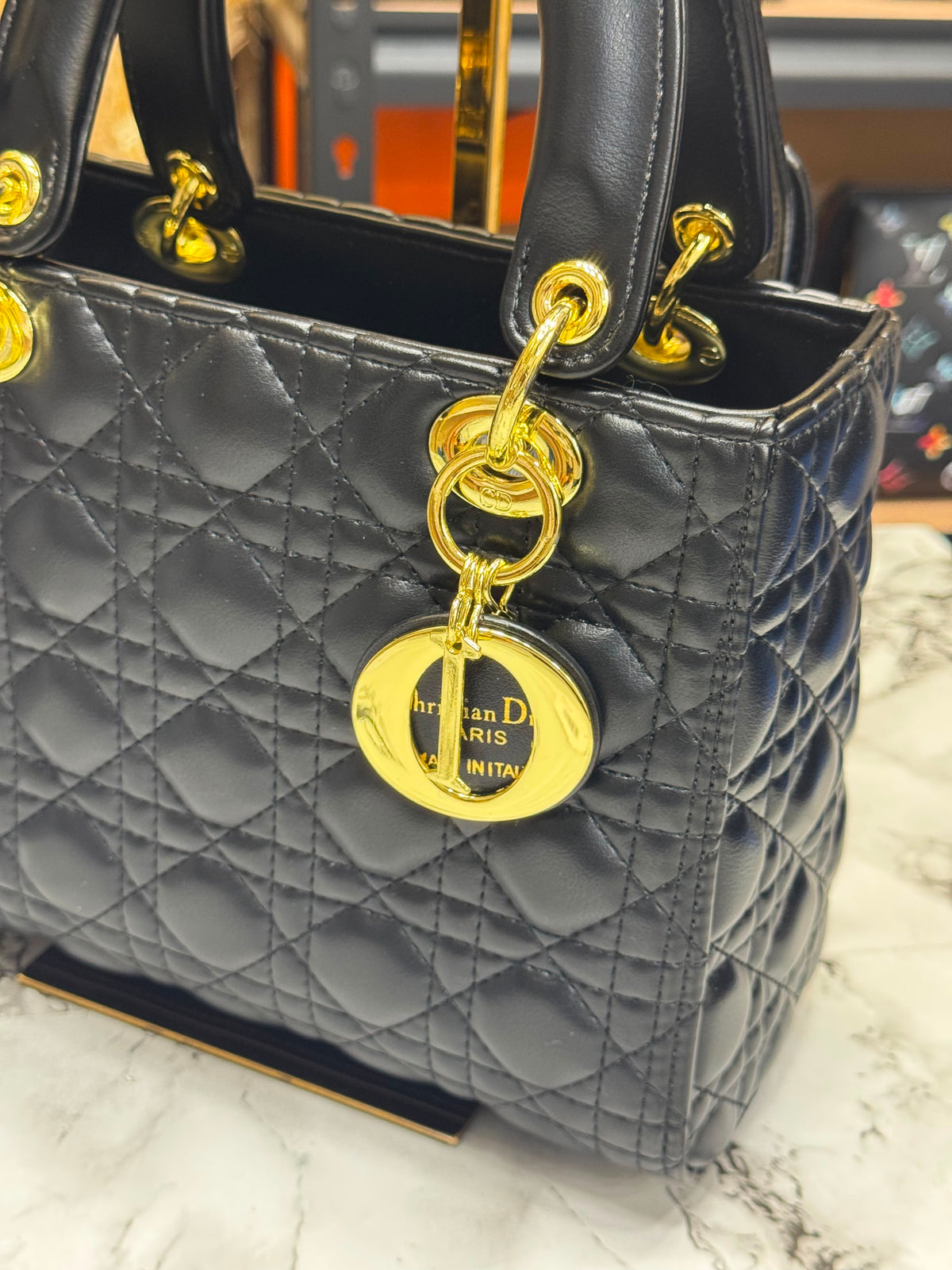 D-Inspired Medium Cannage Lady Handbag With Box And Dust Bag (Black)