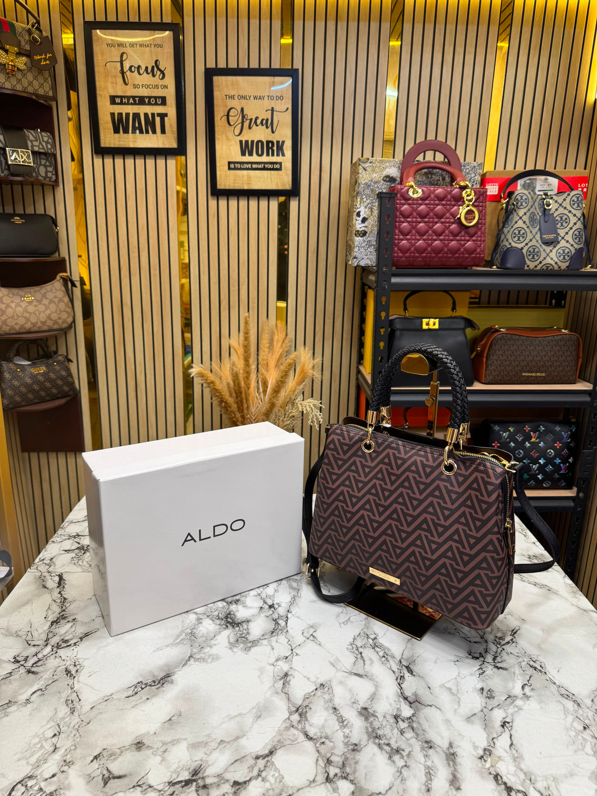 Aldo-Inspired Eile Brown Geometrical Monogram Handbag With Box (Coffee)