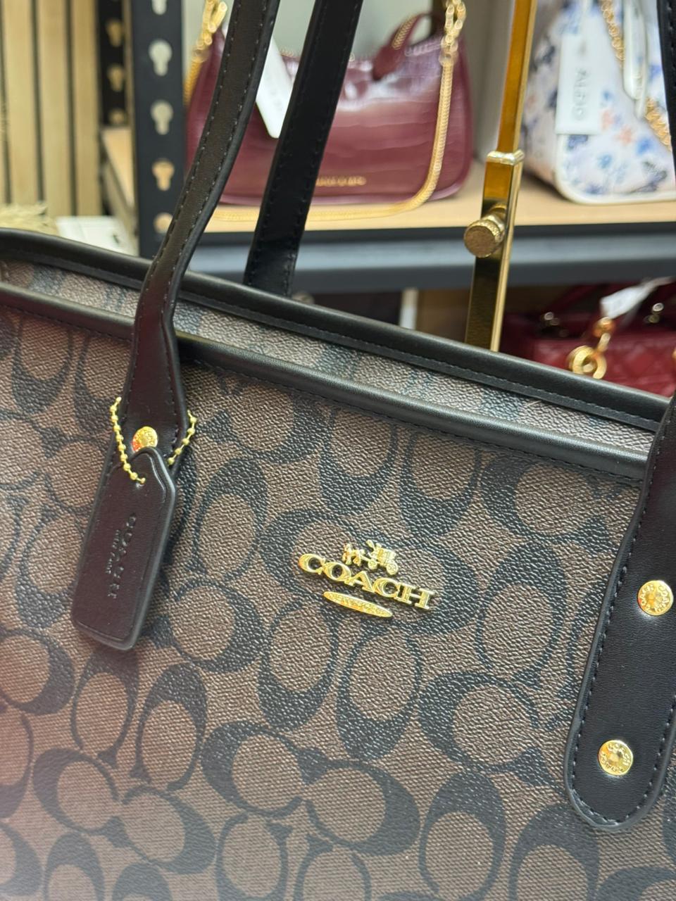 Coach Signature Canvas Zip Tote Bag With Box And Dust Bag (Coffee)